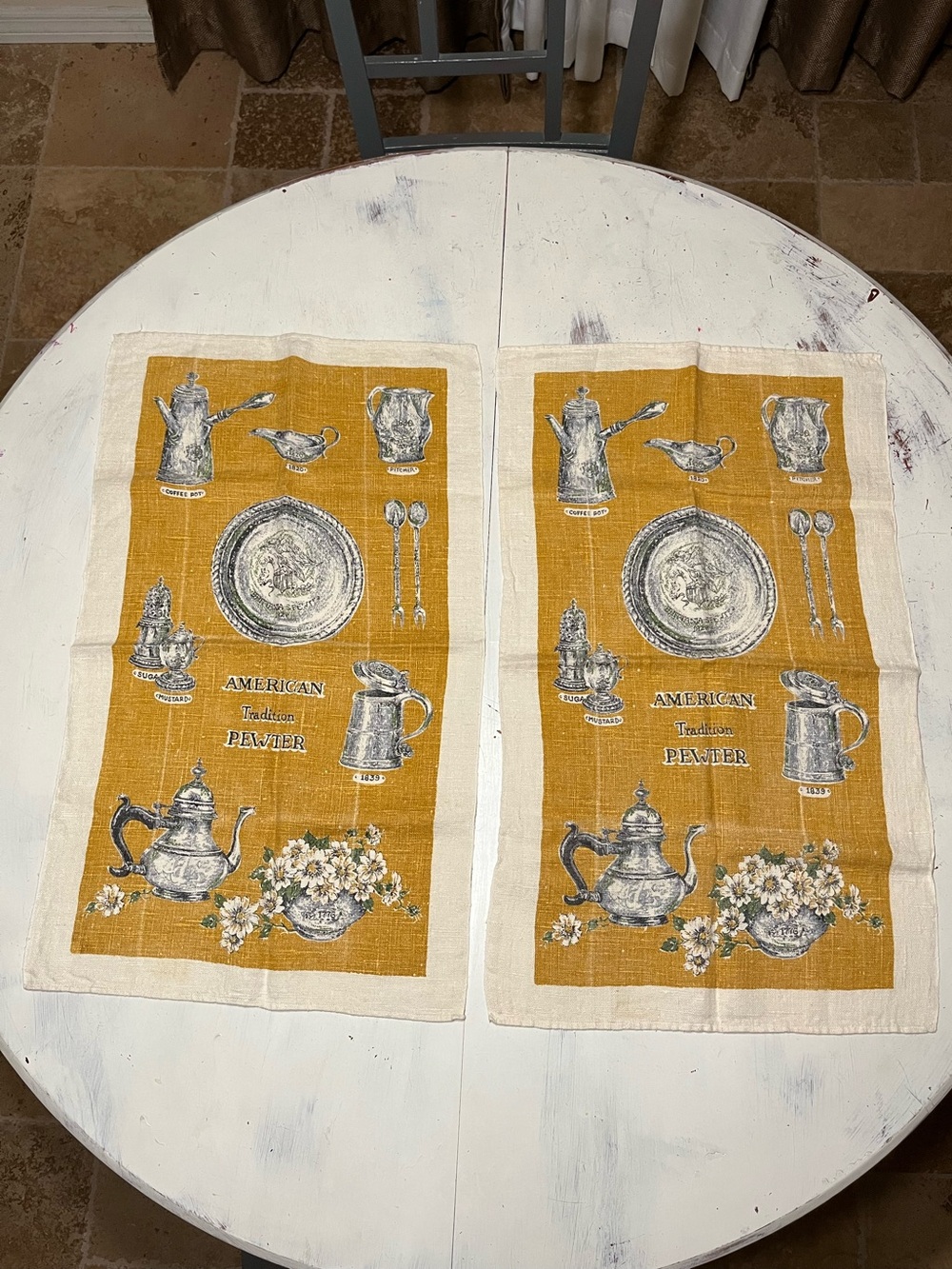 Vintage Kay Dee 100% Linen Hand Printed American Tradition Pewter Tea Towels